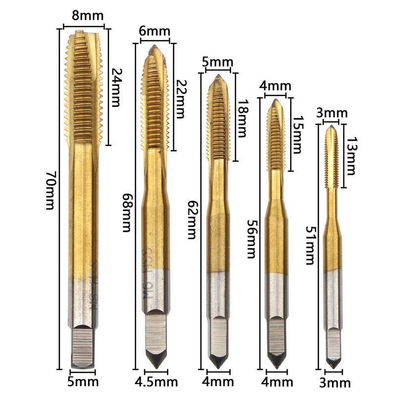 Ellbest 5Pcs Metric Tap M3-M8 Ti-Coated Straight Flute Thread Tap Mini Machine Screw Drill Tap for Threading Machine Electric Drill DIY - Image 2